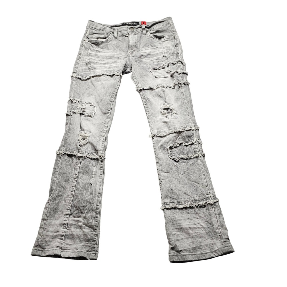 Makobi Distressed Patchwork Jeans Mens 30 Gray Streetwear Frayed Denim Pants
